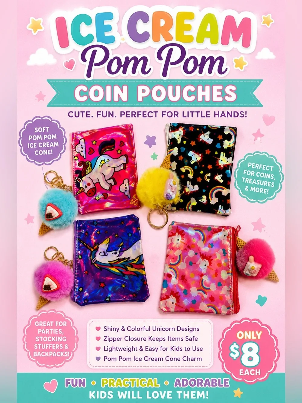 Unicorn Coin Pouch w/ Ice Cream Pom Pom – Choose 1 – Limited Supply